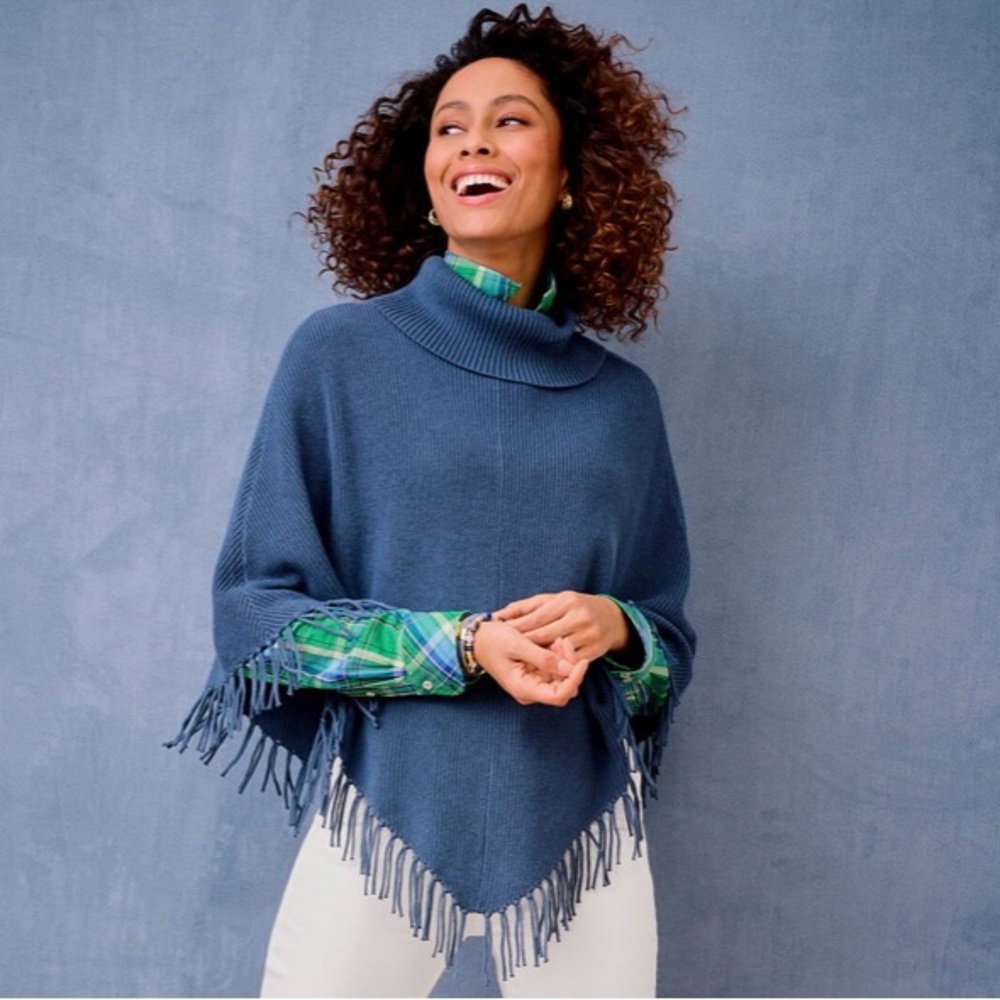 Talbots Blue Fringe Knit Poncho Size Small NWT